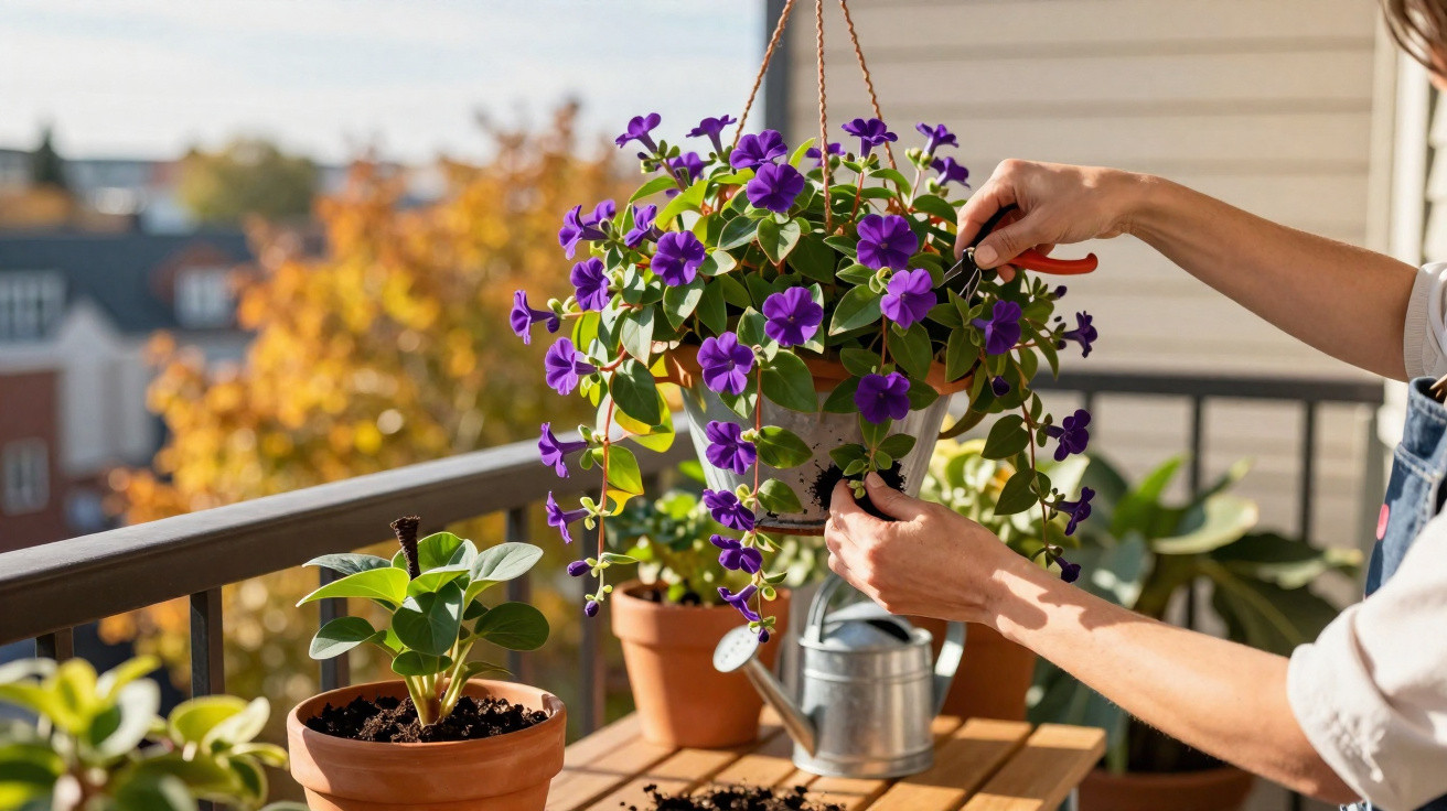 Person pruning purple flowers in a hanging pot on a sunny balcony with potted plants and a watering can.