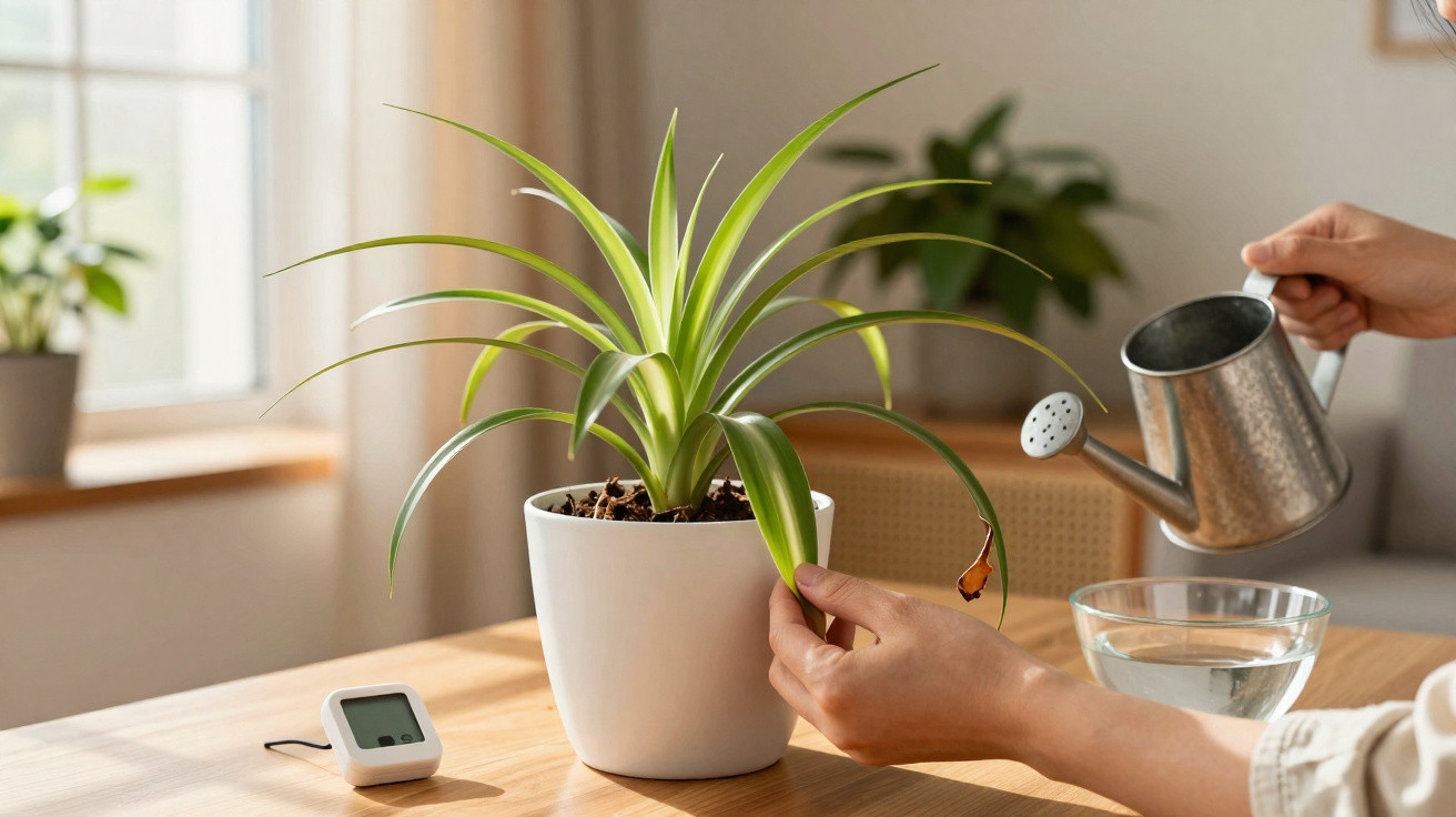 Person watering a spider plant in a white pot on a wooden table in a bright room.