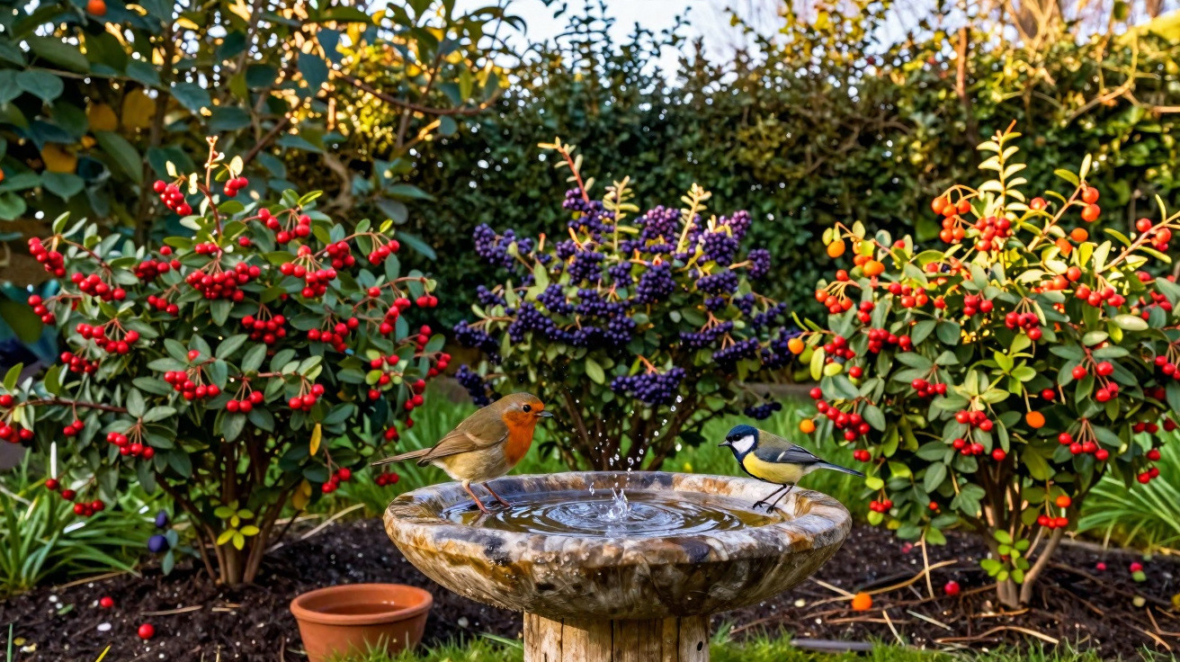 Two small birds, a robin and a great tit, perched on a birdbath with rippling water, surrounded by berry bushes.