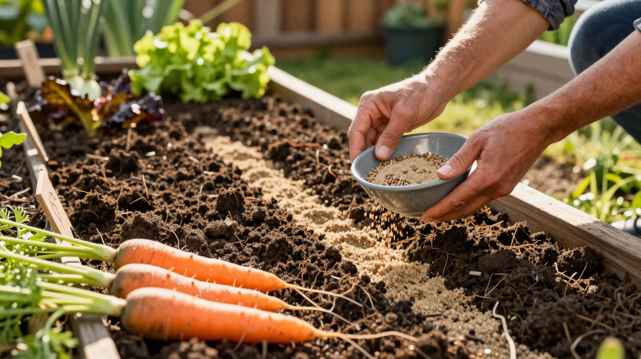 Hands spreading seeds in a garden bed with three freshly harvested carrots on the soil.