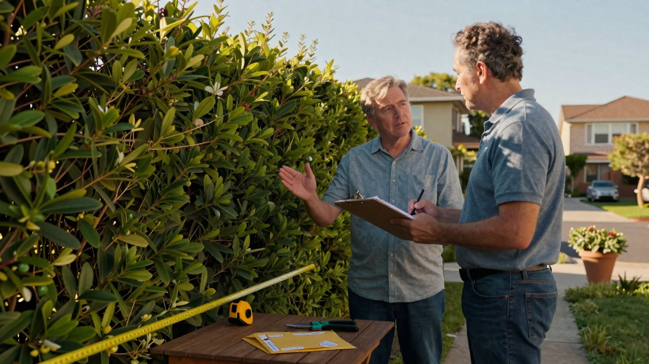 Two men measuring a hedge in a suburban neighbourhood with a tape measure and clipboard.
