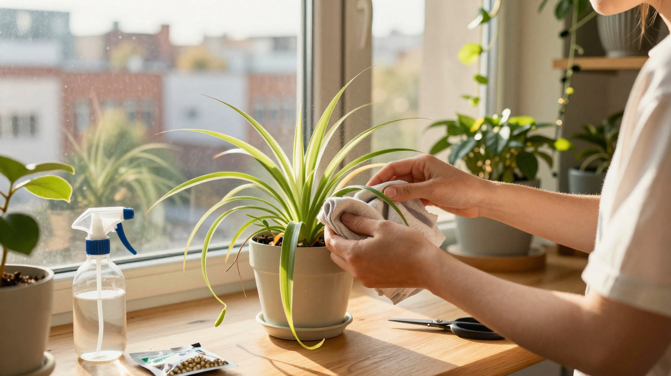 Person cleaning long leaves of a potted houseplant on a sunlit windowsill with gardening tools nearby.