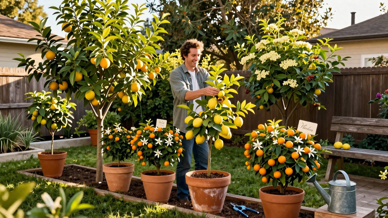 Man tending to potted citrus trees with lemons and oranges in a sunny backyard garden.