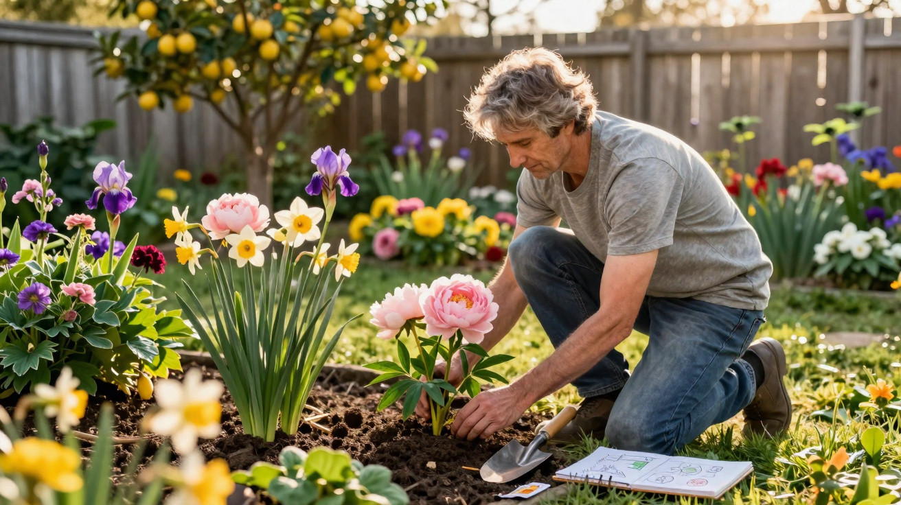 Man planting pink peonies in a vibrant flower garden on a sunny day with gardening tools nearby.