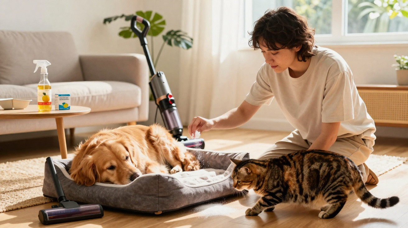Person brushing a golden retriever lying on a bed as a tabby cat walks nearby in a sunlit living room.