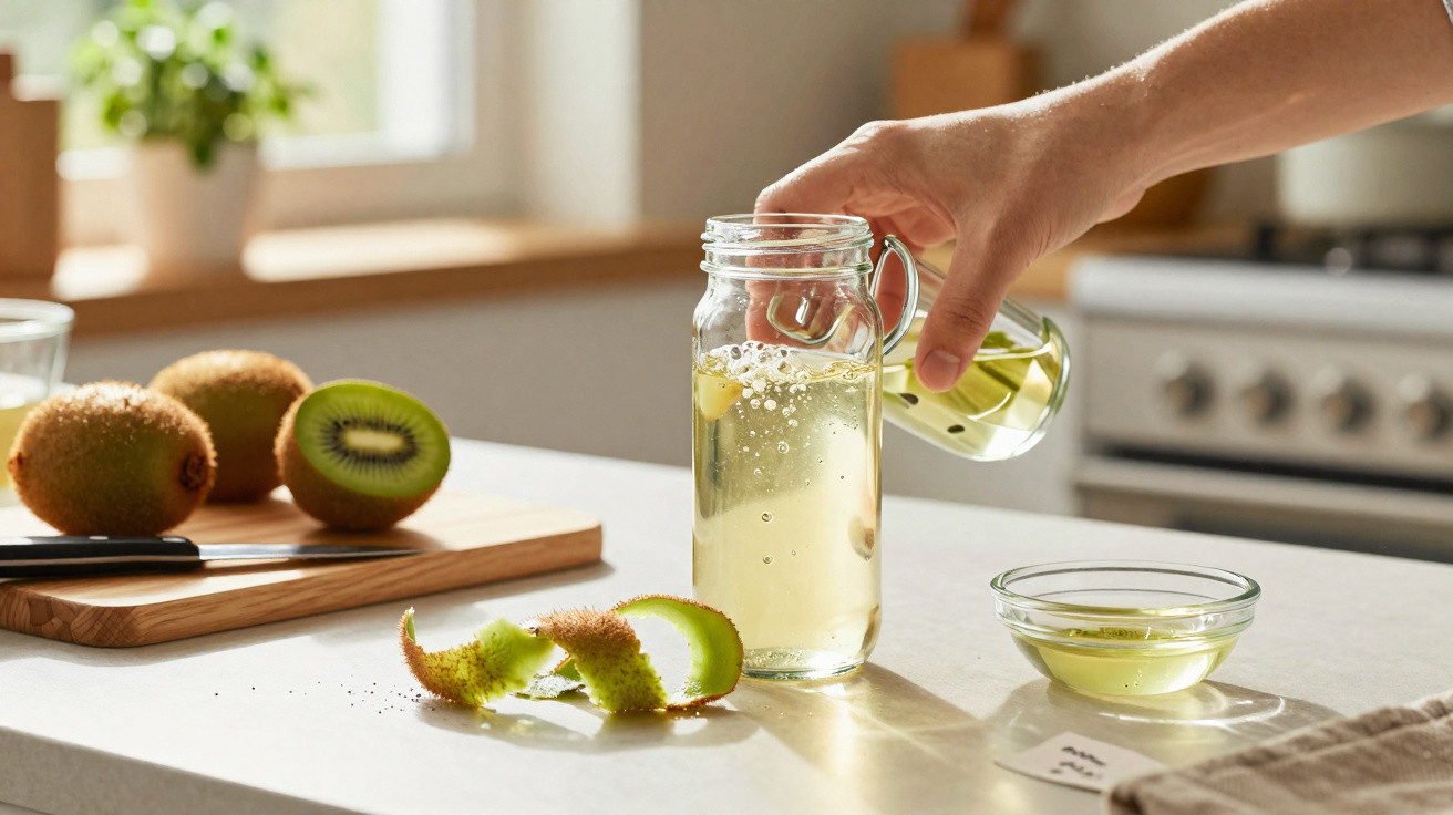 Hand pouring liquid into a glass jar with sliced kiwi, kiwi peel, and a small bowl on a kitchen counter.