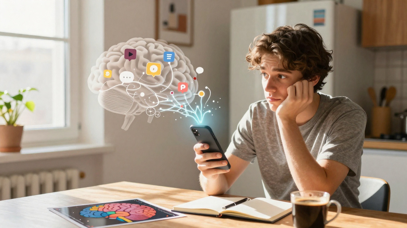 Young man distracted by phone with digital brain and social media icons floating above table with notes.