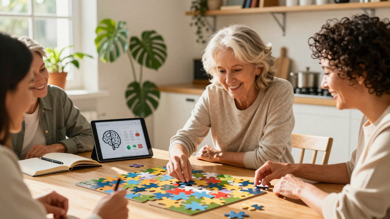 Three women of different ages assembling a colourful jigsaw puzzle in a bright kitchen.