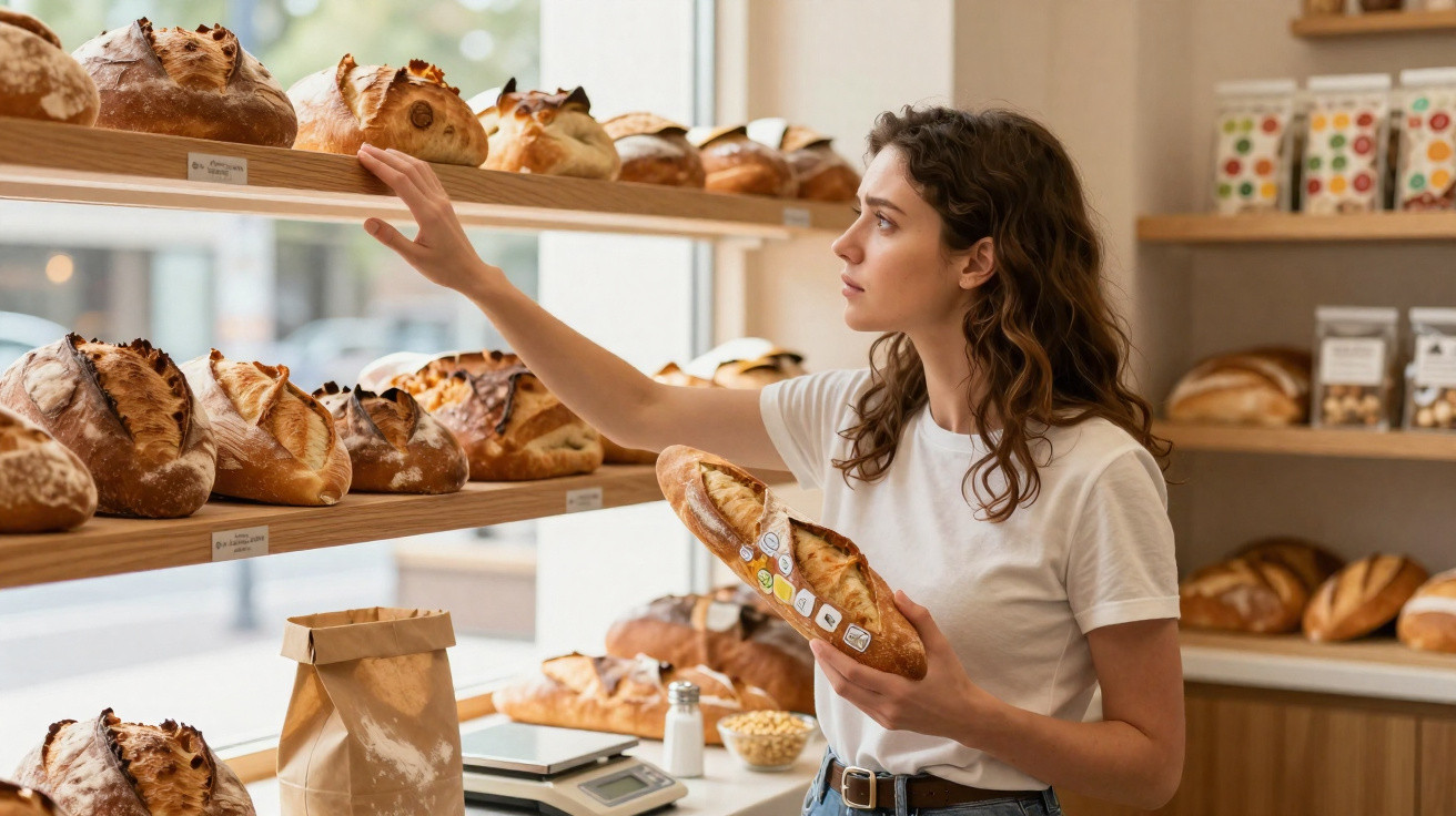Woman selecting a loaf of bread from wooden shelves in a bakery while holding another loaf in hand.