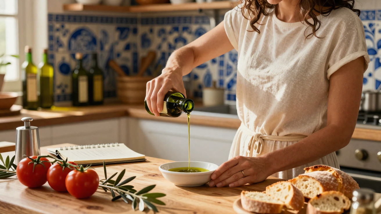 Woman pouring olive oil into a bowl on a kitchen countertop with tomatoes and sliced bread nearby