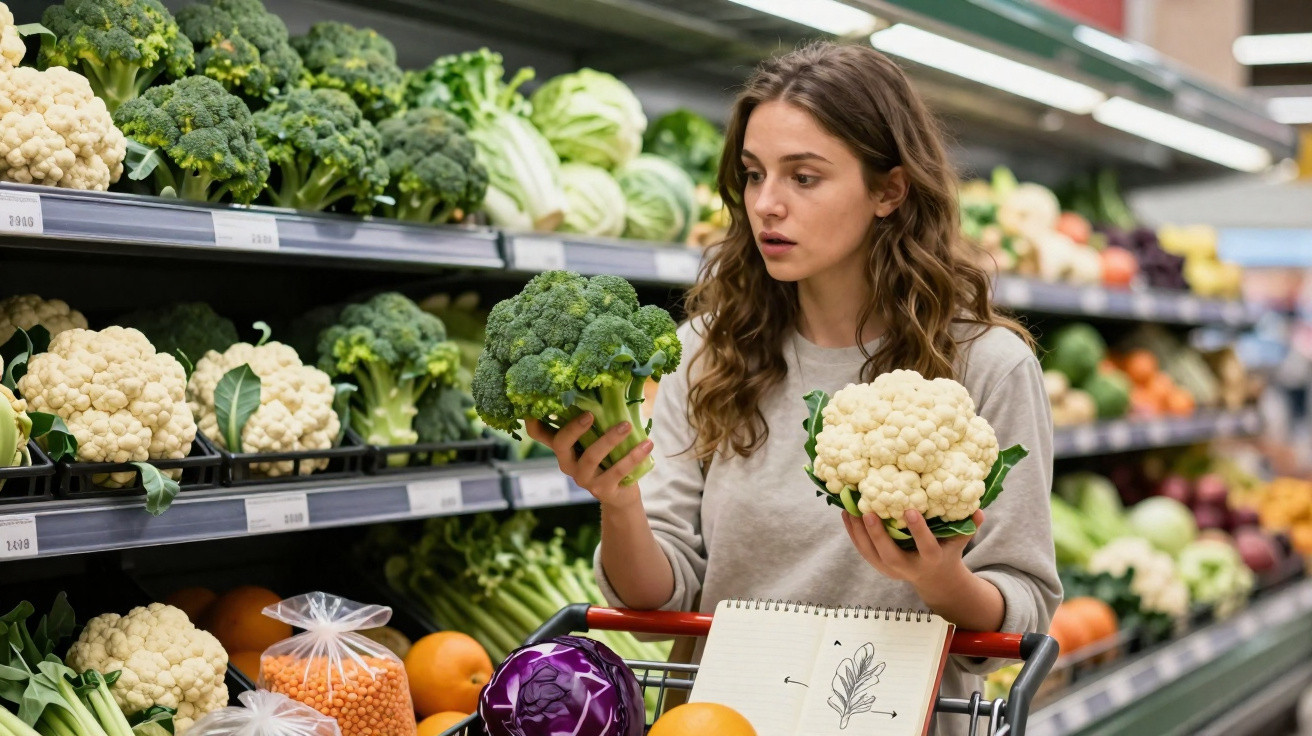 Woman comparing broccoli and cauliflower while grocery shopping in a supermarket aisle filled with vegetables.