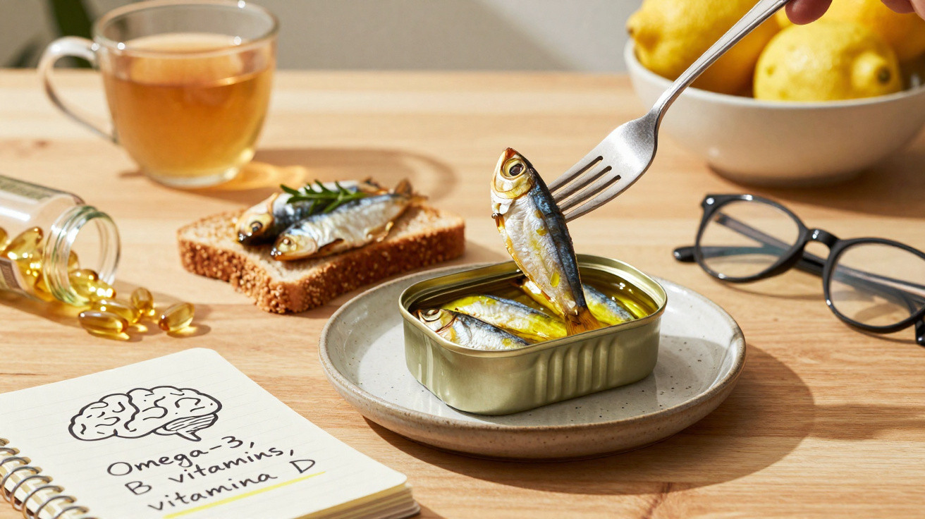 Opened tin of sardines on a plate with a fork lifting a fish, alongside tea, bread, notebook, glasses, and lemons.