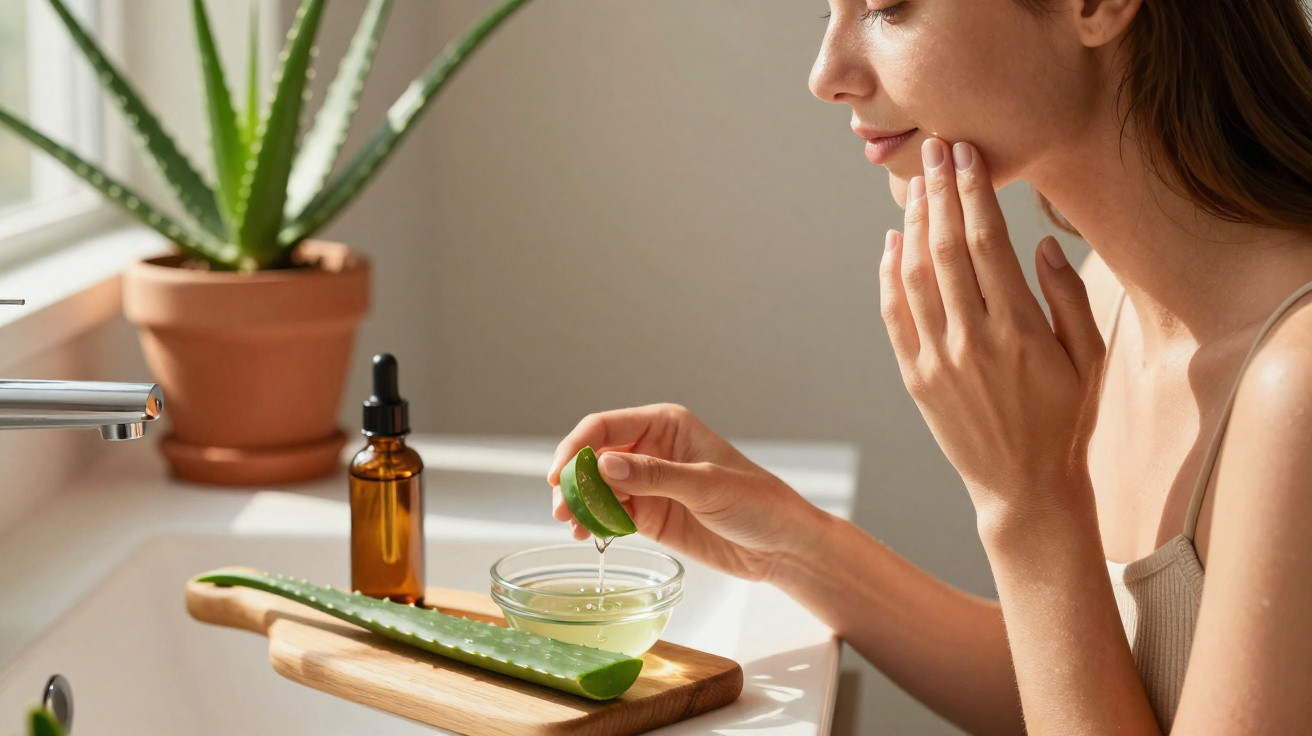 Woman applying aloe vera gel to her face in a bright bathroom with aloe plant and skincare bottle nearby.