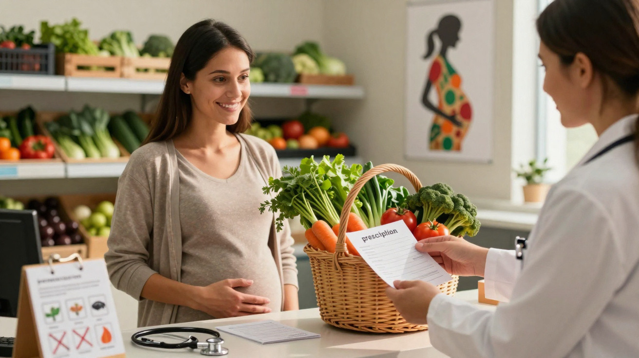 Pregnant woman smiling while receiving a healthy food prescription from a healthcare professional at a clinic.