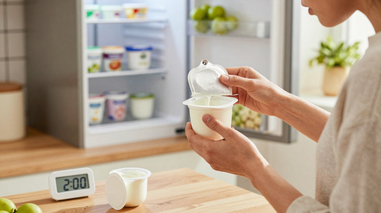 Person peeling back the lid of a yoghurt pot in a kitchen with an open fridge in the background.
