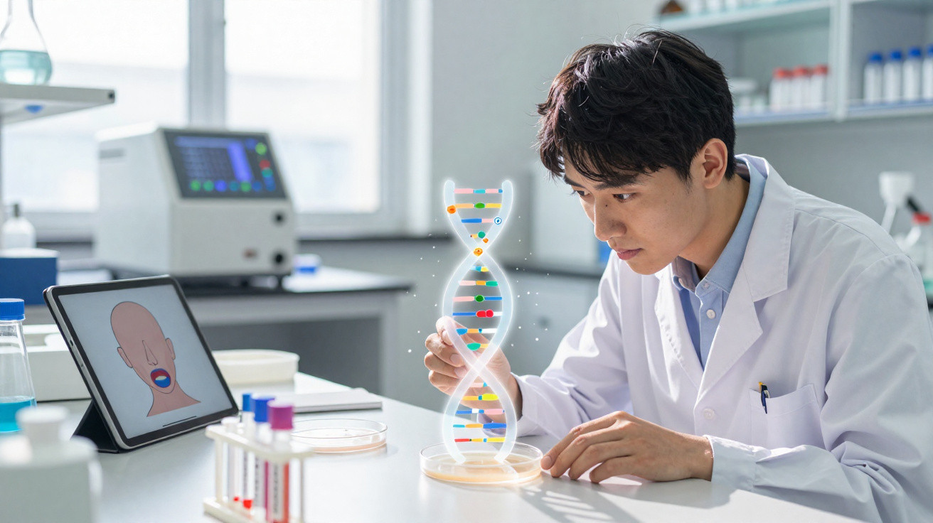 Scientist in a lab coat examining a glowing DNA model with lab equipment and a tablet displaying a facial diagram nearby.