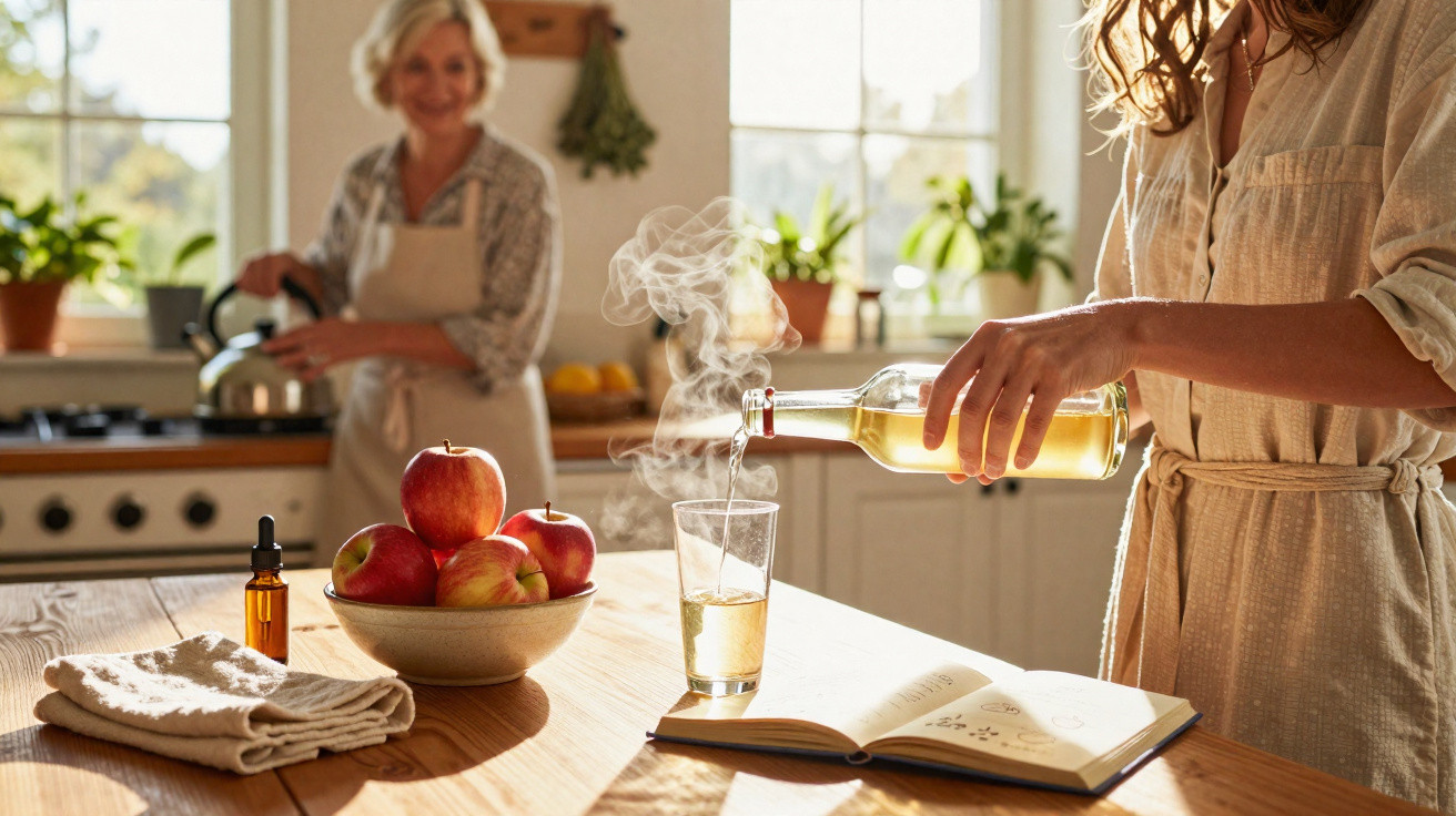 Person pouring steaming tea into glass on wooden table with bowl of apples and person boiling kettle in background