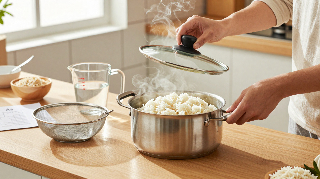 Person lifting lid off a steaming pot of cooked white rice on a kitchen countertop.