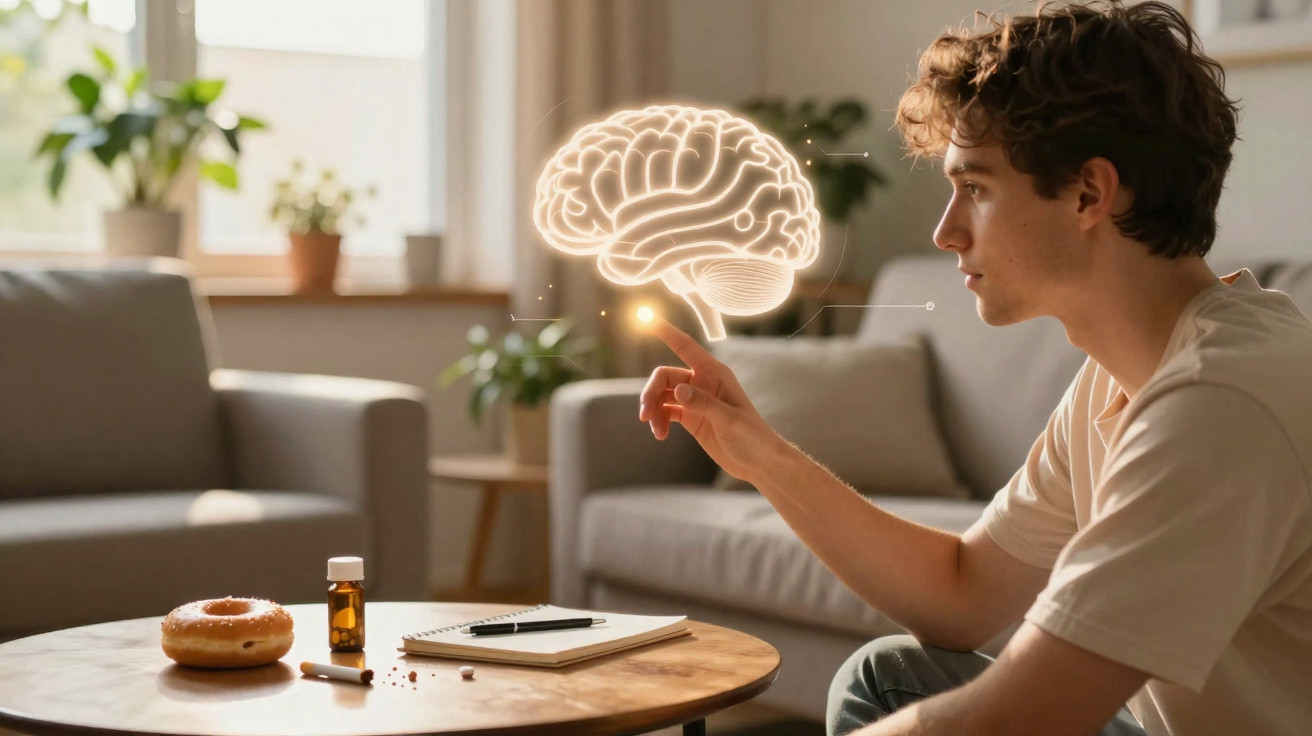 Young man sitting in living room interacting with a glowing digital brain hologram above a table.