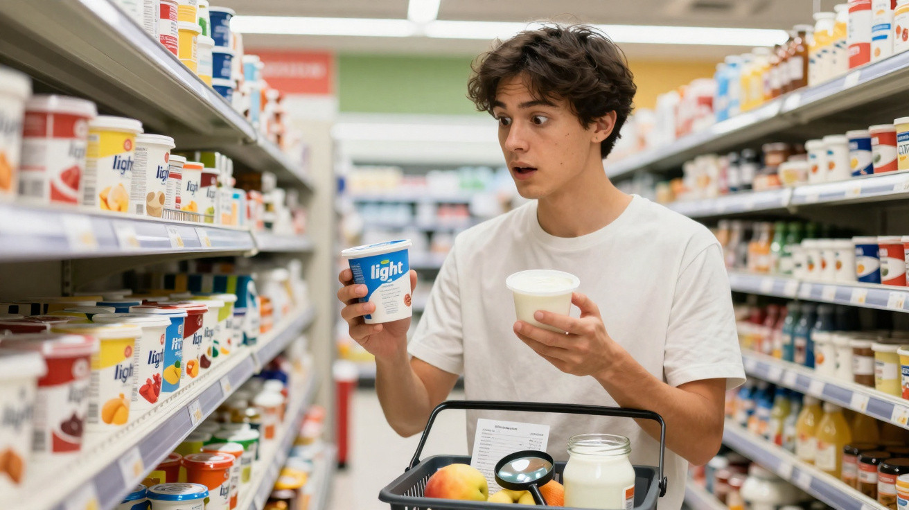 Young man comparing two yoghurt pots while shopping in a supermarket aisle with a basket of groceries.