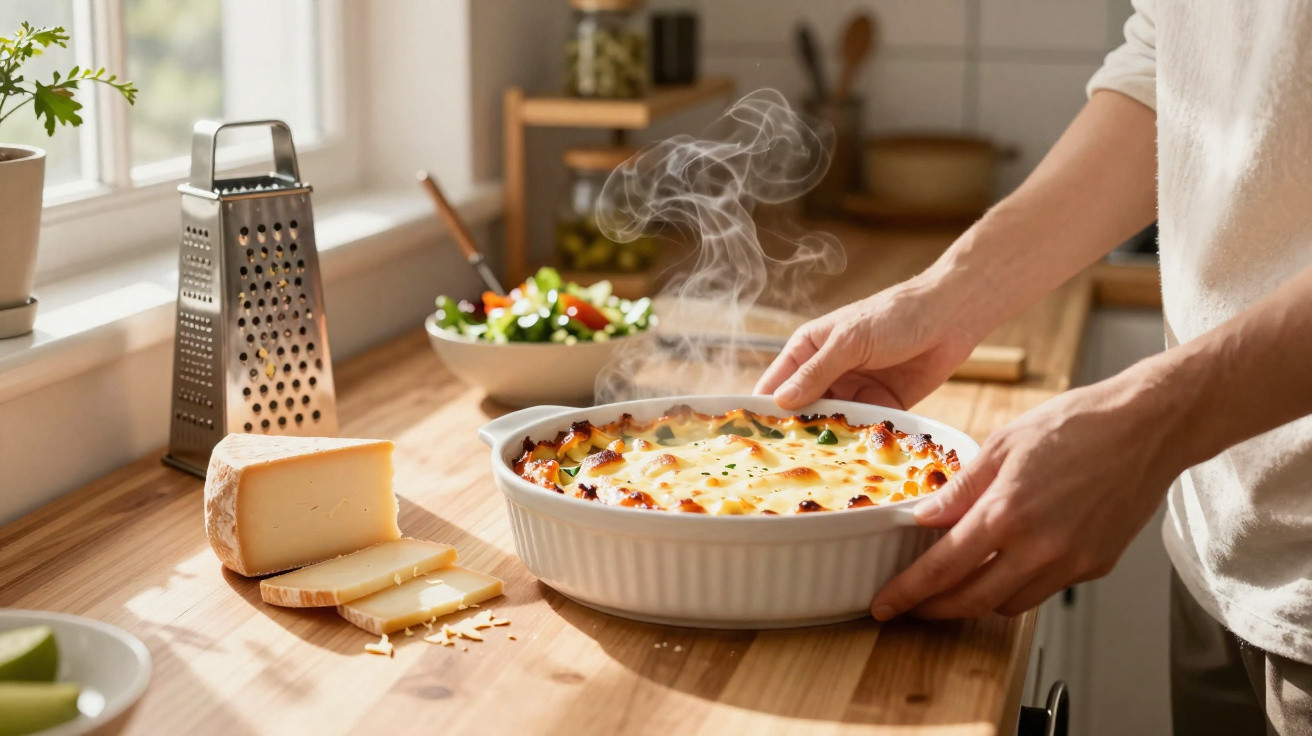 Hands holding a steaming baked cheesy casserole in a white dish on a wooden kitchen counter with grated cheese nearby.