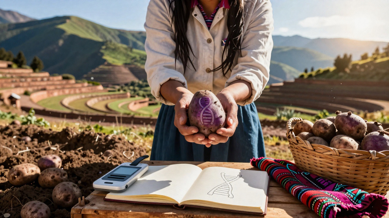 Person holding a potato engraved with a DNA symbol in a rural agricultural setting with an open book and basket of potatoes.