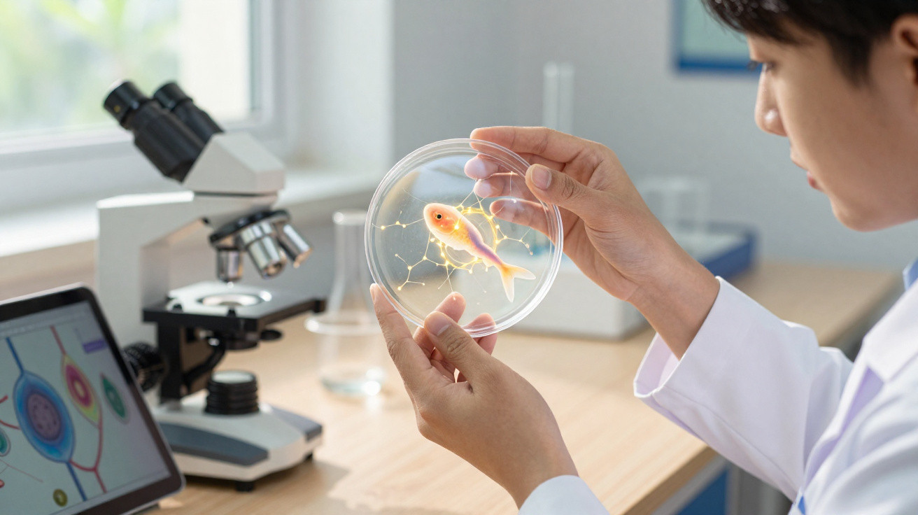 Scientist examining a goldfish in a petri dish with digital network connections overlay in a laboratory.