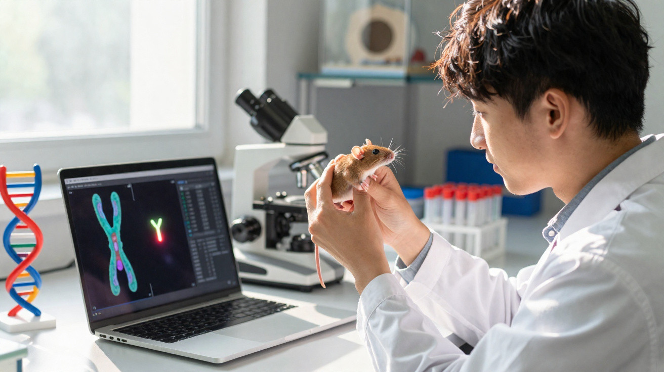Scientist in lab coat examining a mouse near a laptop showing chromosomes and a DNA model.