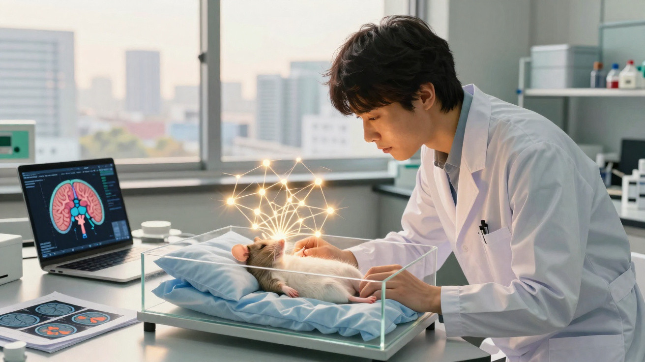Scientist in lab coat examining a rat with digital neural network graphics above it on a glass tray.