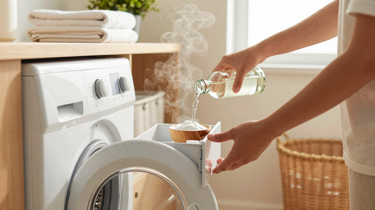 Person pouring liquid into the detergent compartment of a front-loading washing machine in a bright laundry room.