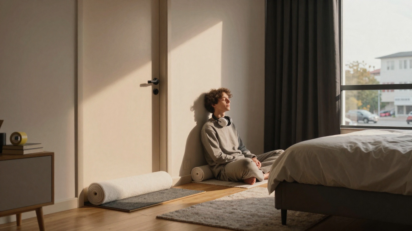 Young person with curly hair wearing headphones, sitting cross-legged by a wall in a sunlit bedroom.