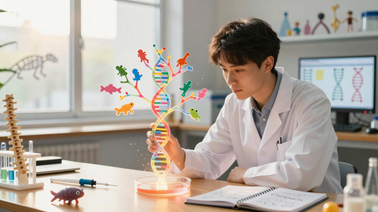 Scientist in lab coat examining a glowing DNA double helix with colourful creatures representing evolution.