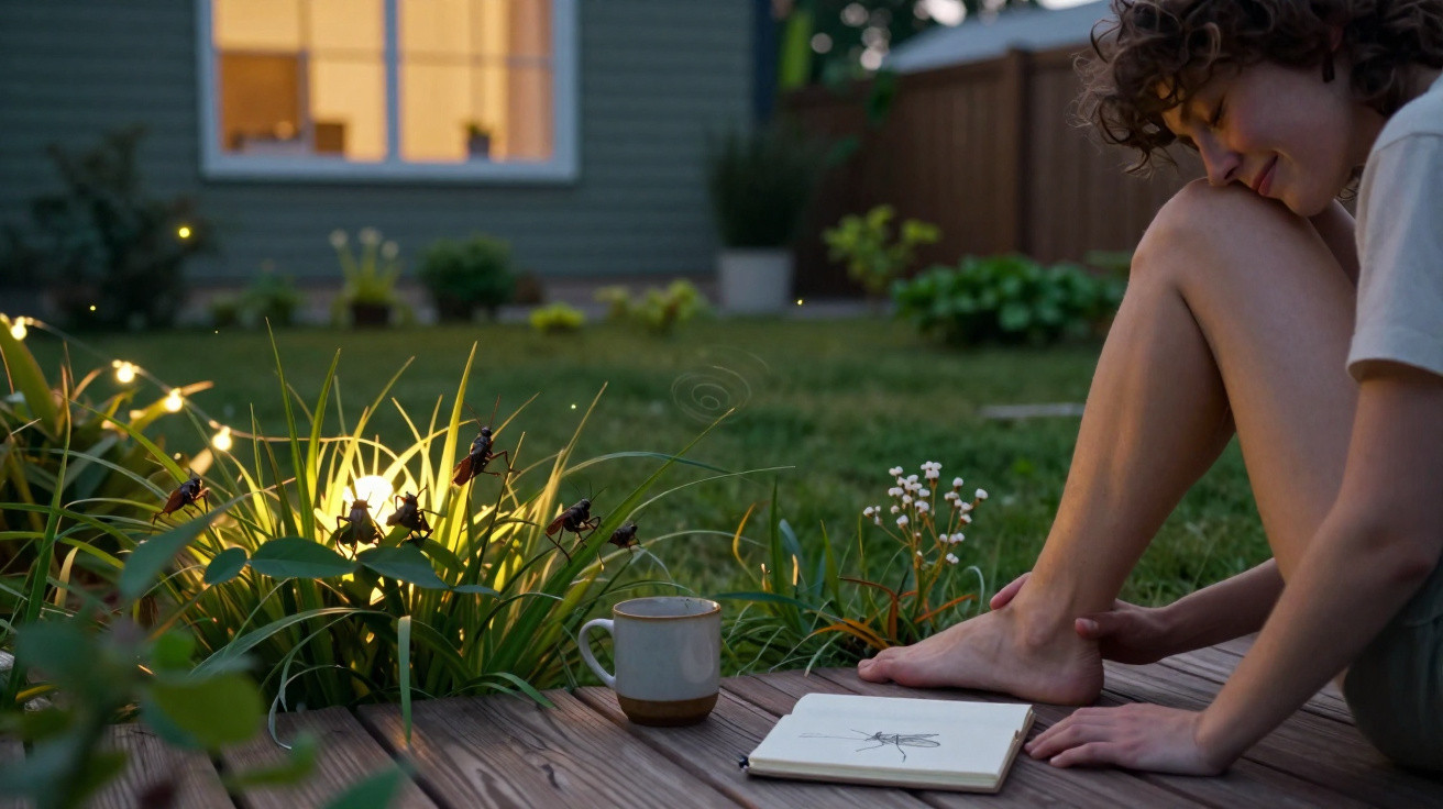 Person sitting on a wooden deck drawing an insect with a mug nearby and garden lights glowing at dusk.