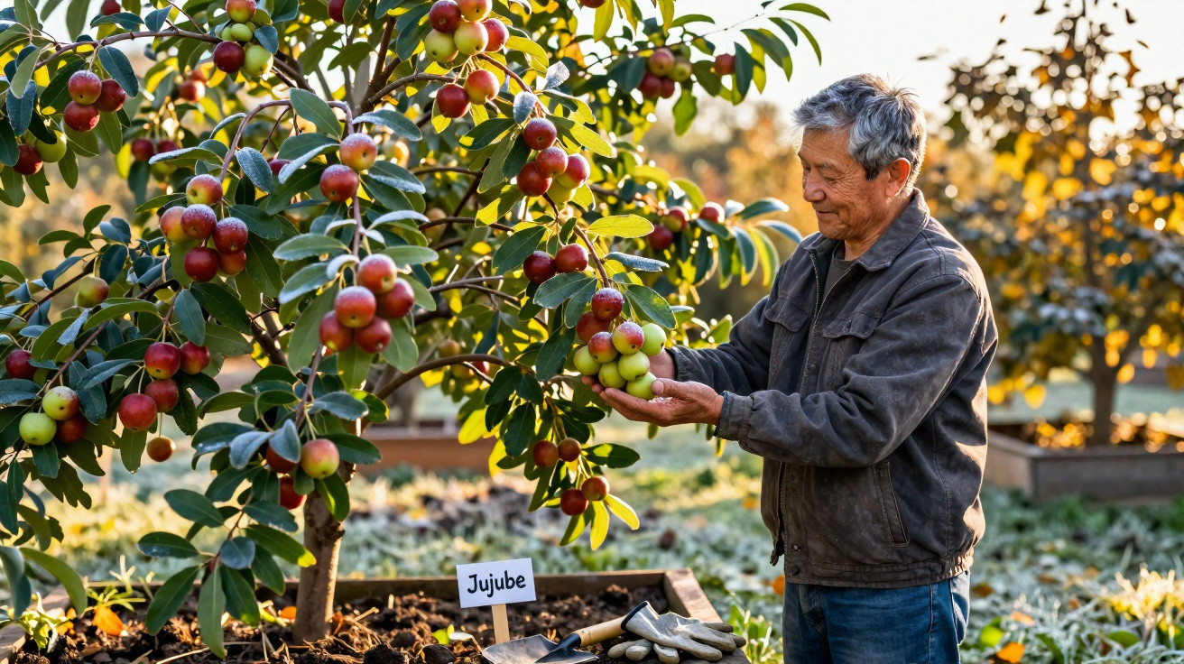 Elderly man harvesting ripe jujube fruits from a tree in a garden at sunset.