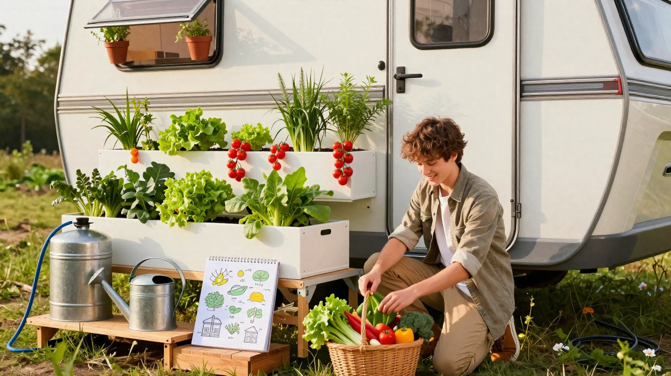 Young person harvesting fresh vegetables from a mobile garden outside a caravan on a sunny day.
