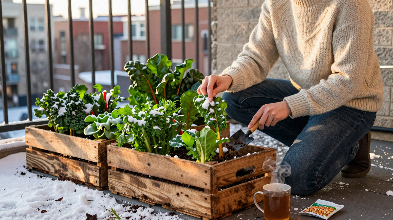 Person tending leafy green plants covered with snow in wooden planters on a balcony with a steaming cup of tea nearby.