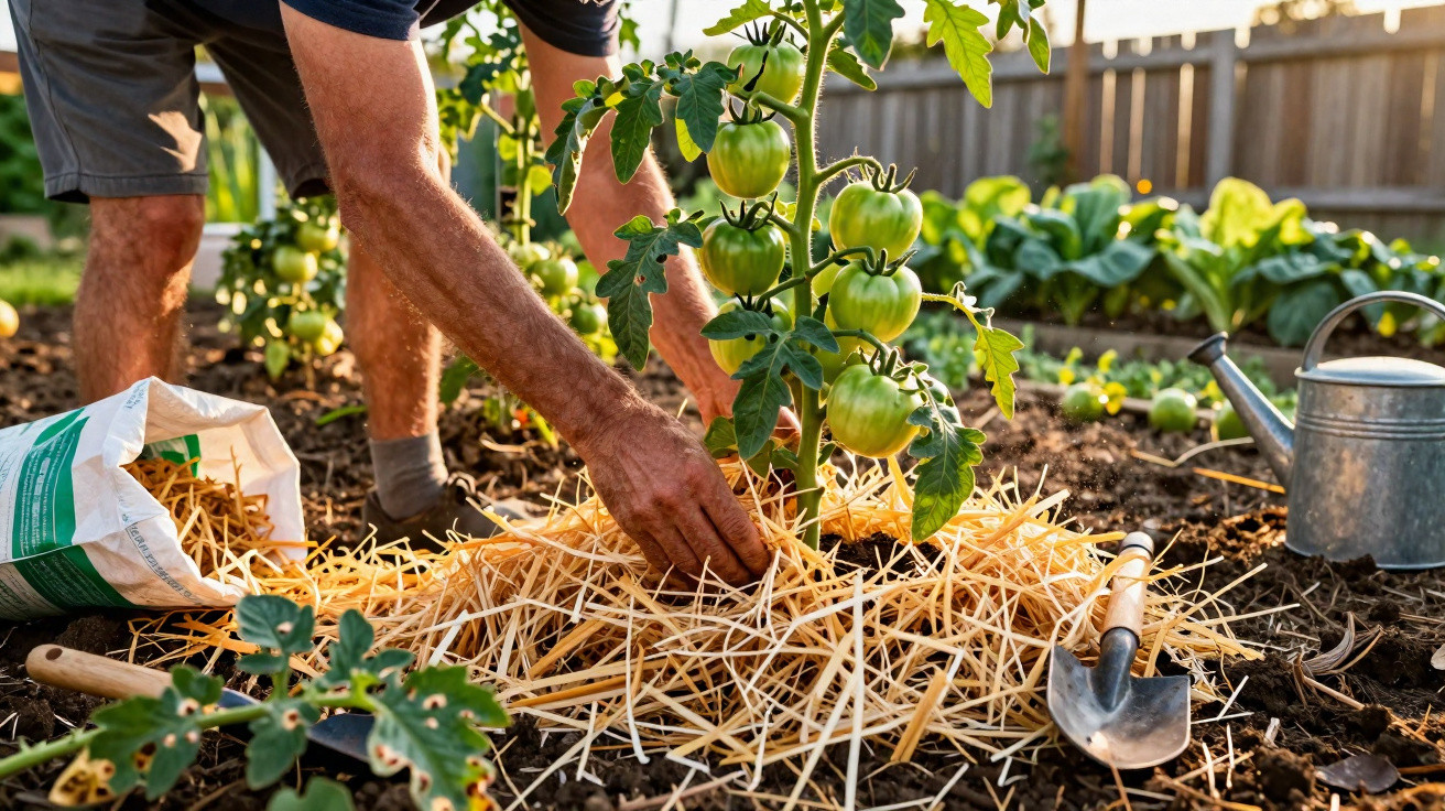 Person mulching soil around green tomatoes growing on a plant in a garden bed at sunset.