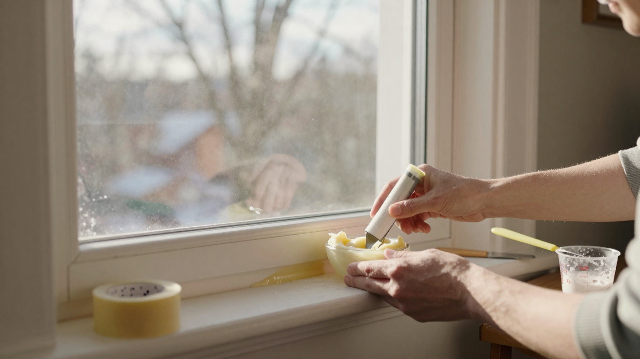 Person applying putty to a window frame indoors next to a roll of masking tape on the sill.