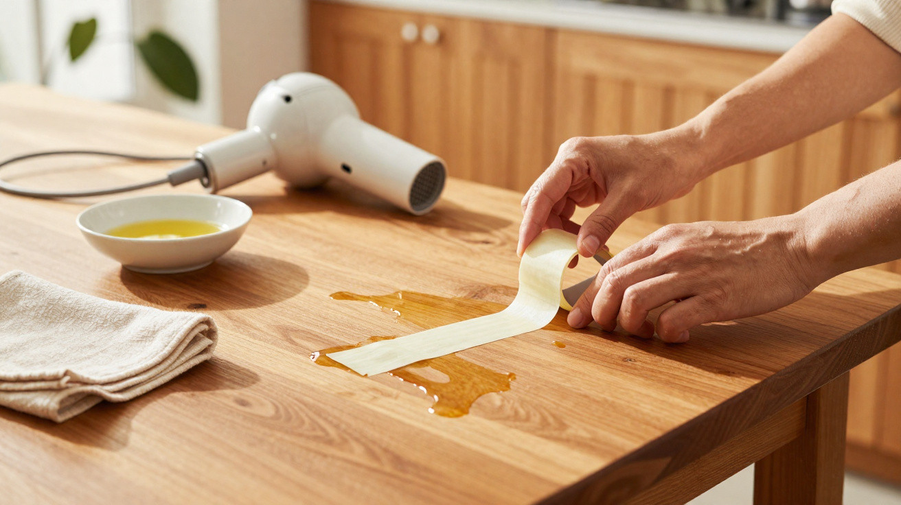 Hands using a paper towel roll to soak spilled liquid on a wooden kitchen table with a hairdryer nearby.
