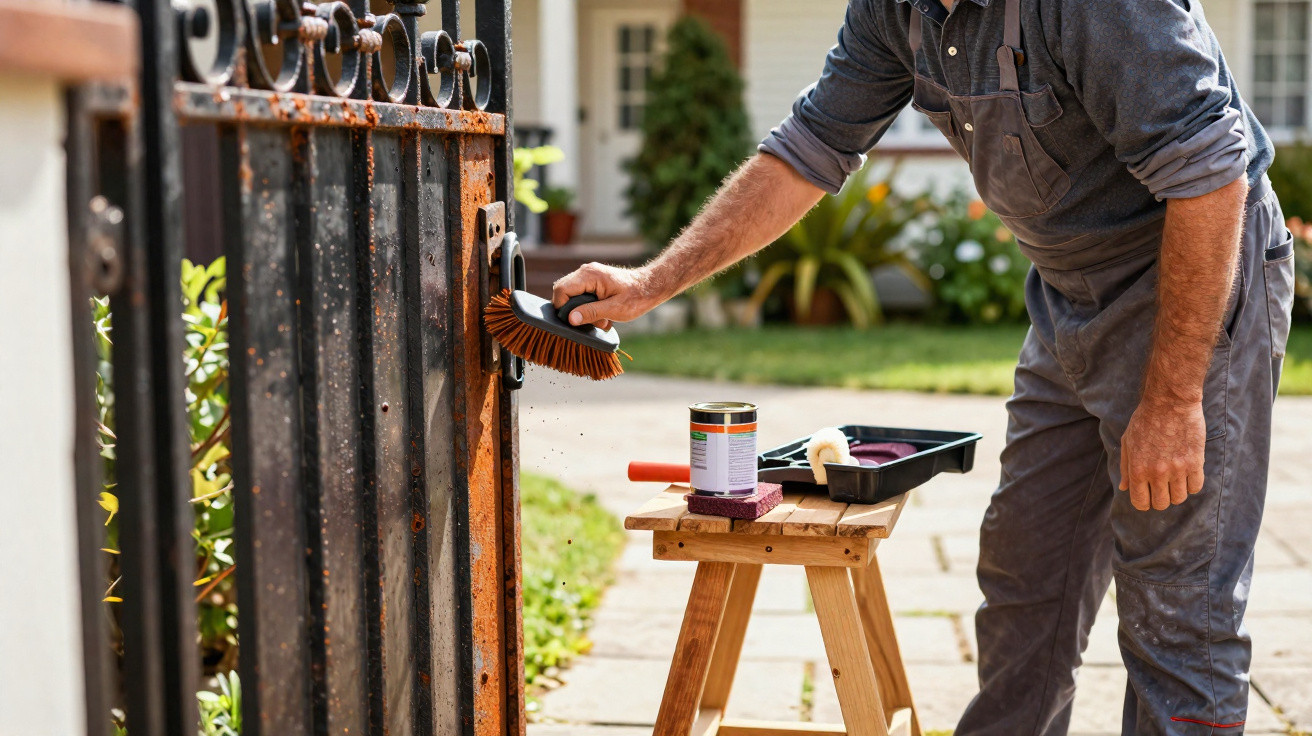 Person cleaning a rusty black metal gate outdoors using a scrubbing brush and wearing a grey work apron.