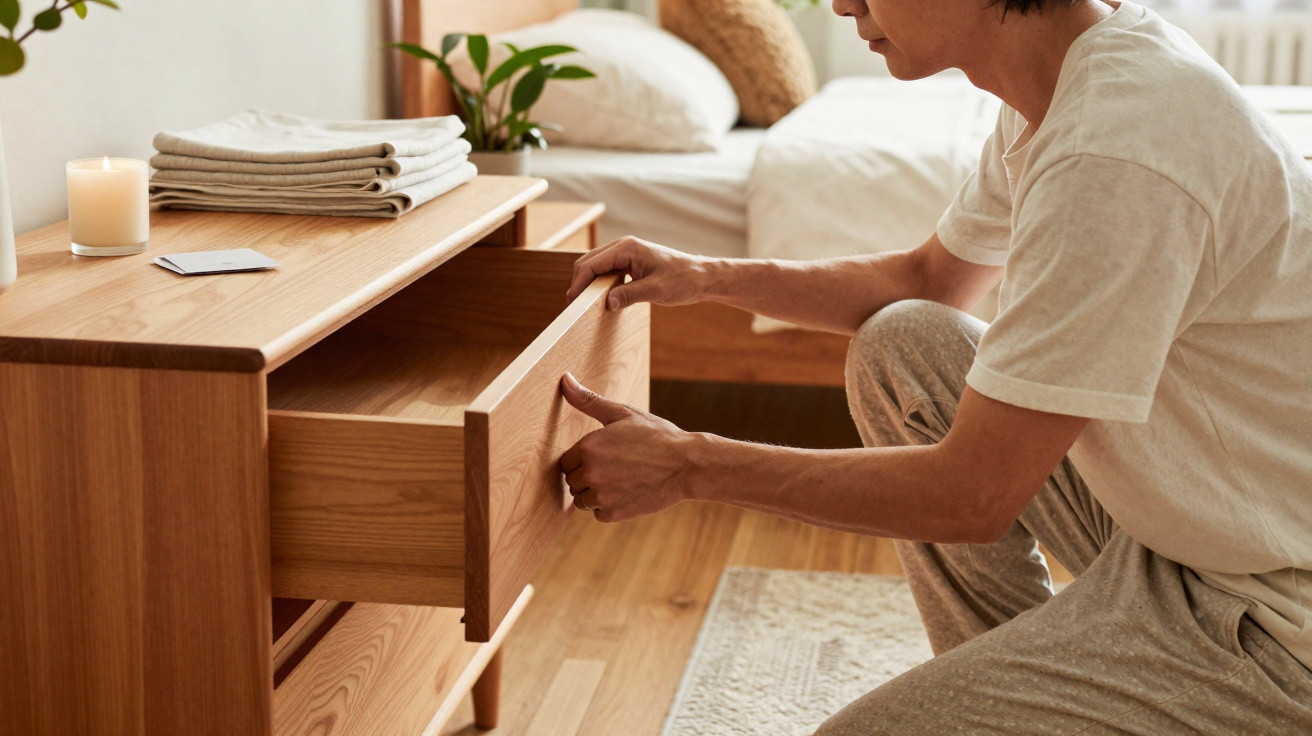 Person in casual clothes opening a wooden drawer in a tidy, softly lit bedroom.