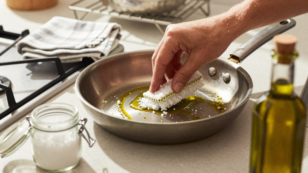 Hand cleaning a stainless steel frying pan with a white scrubber in a kitchen setting.