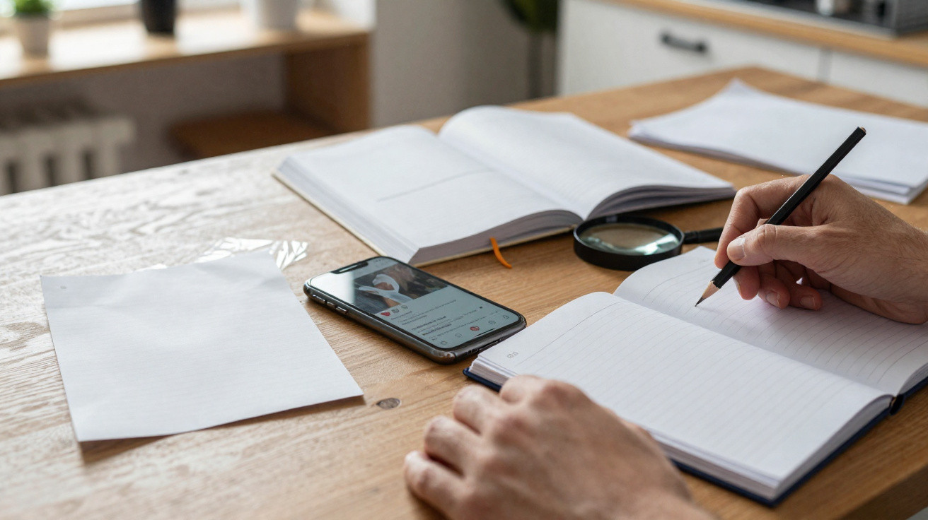 Person writing in a notebook with an open book, smartphone, magnifying glass, and paper on a wooden table.