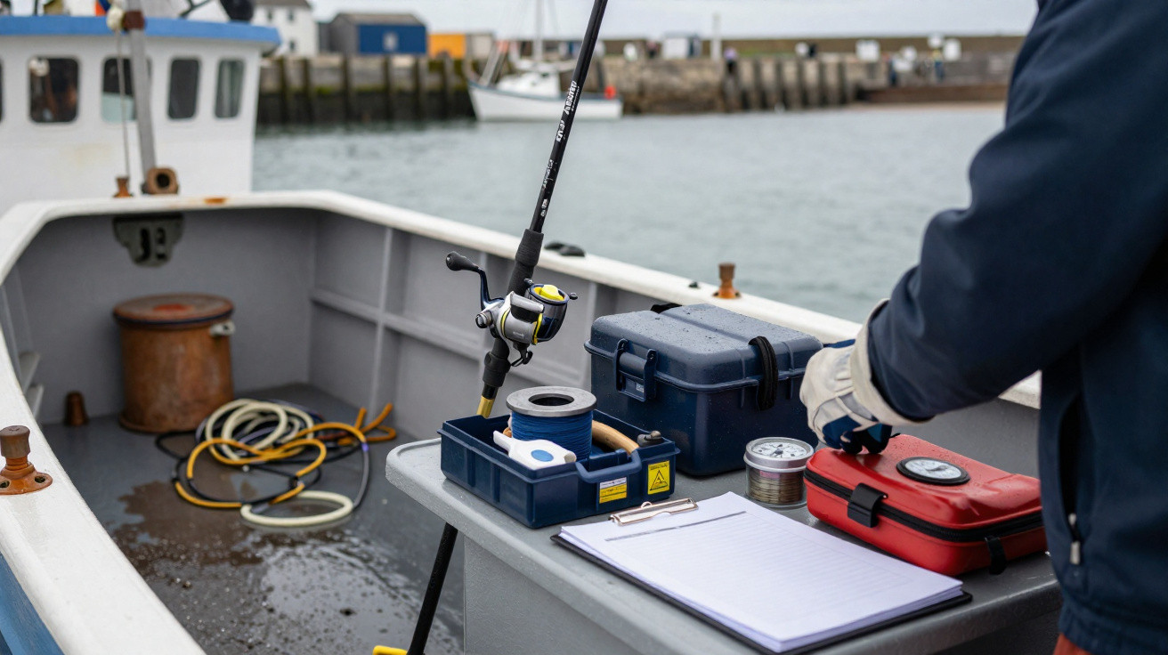 Fishing equipment with tackle boxes, clipboard, and rod on a boat near a harbour pier on a cloudy day.
