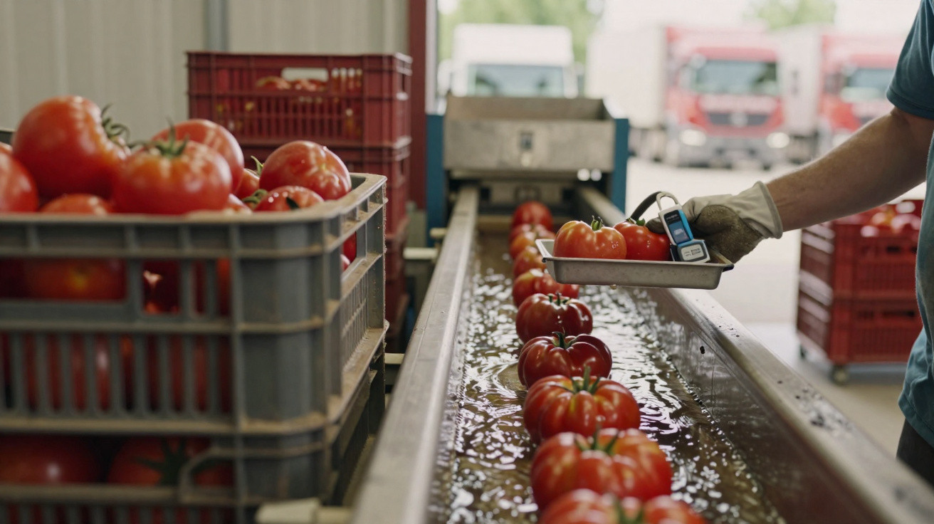 Worker wearing glove inspecting tomatoes on a conveyor belt at a packing facility with crates of tomatoes nearby.