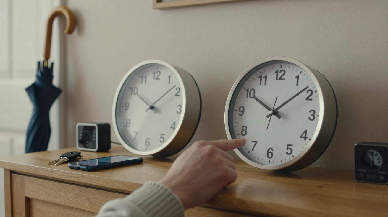 Hand pointing at a clock showing 07:50 on a wooden surface with clocks and keys nearby.