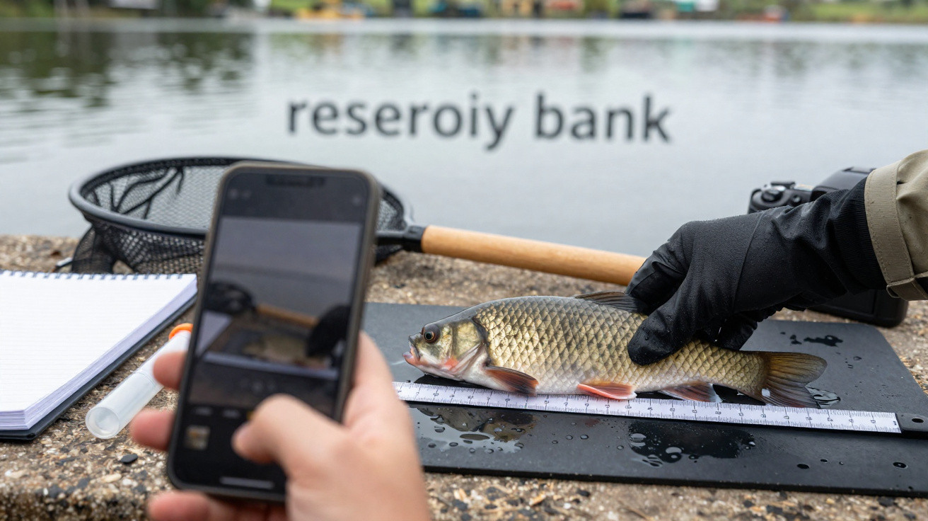 Person photographing a fish being measured on a ruler by a gloved hand near a riverbank with fishing gear nearby.