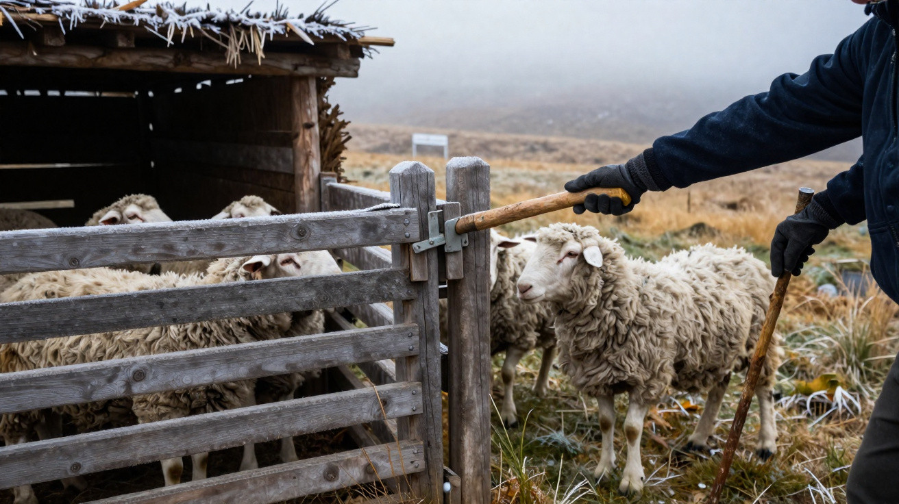 Person herding sheep with wooden sticks near a wooden gate and shelter in a misty rural field.
