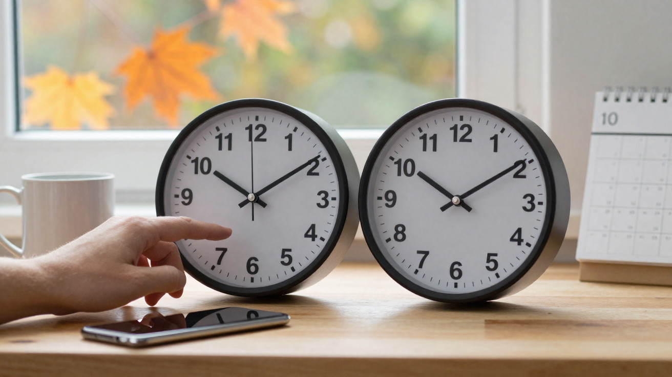 Two analogue clocks on a wooden table with autumn leaves outside a window and a hand pointing at one clock.