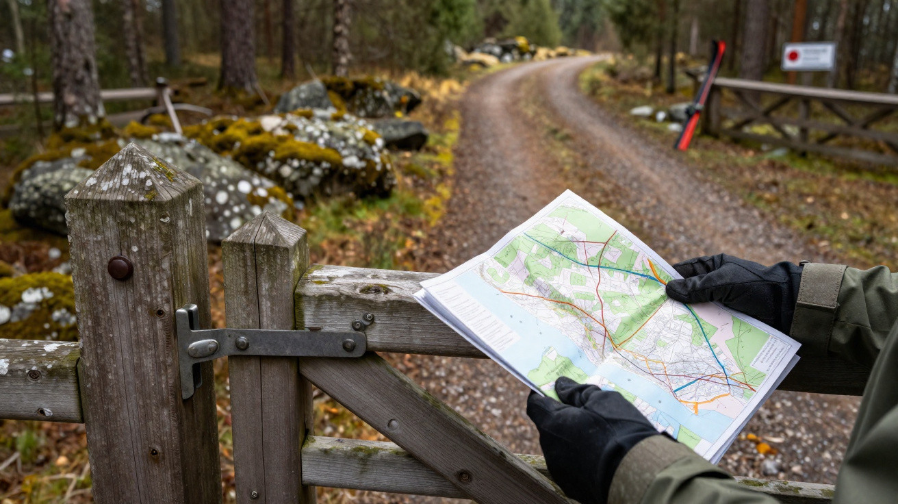 Person wearing gloves holding a map by a wooden gate on a forest trail with signs in the background